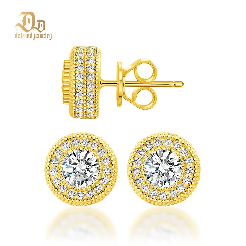 Delzzad S925 Round Synthetic Moissanite Hip Hop Iced Out Halo Stud Earrings For Men Women Birthday Anniversary Mother's Day G...