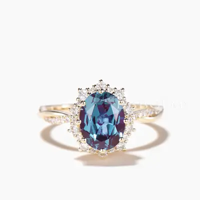 Oval Cut Color-change Alexandrite Engagement Ring Diamond Halo Twisted Ring
