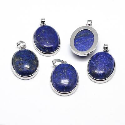 Oval Platinum Plated Brass Dyed & Heated Lapis Lazuli Pendants