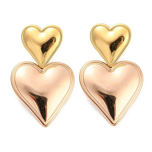 304 Stainless Steel Double Heart Dangle Stud Earrings for Women