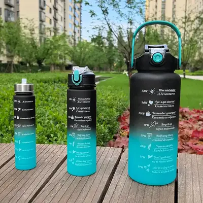 Gradient Color Time Marker & Letter Pattern Water Bottle with Lid & Handle, Large Capacity Sports Water Bottle, Portable Leak...