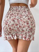 Women's Floral Print Ruffle Hem Shirred Bodycon Skirt, Fashion Casual High Waist Mini Skirt for Daily Holiday Vacation Wear, ...