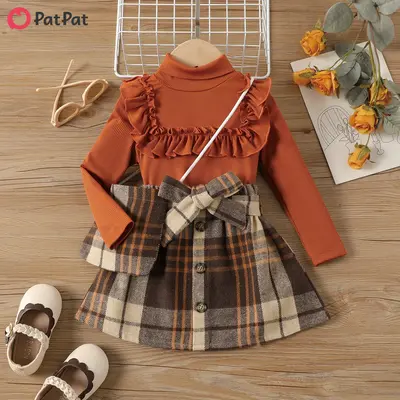 PatPat 3PCS Toddler Girl Grid/Houndstooth Avant-Garde Ruffle Edge Sets
