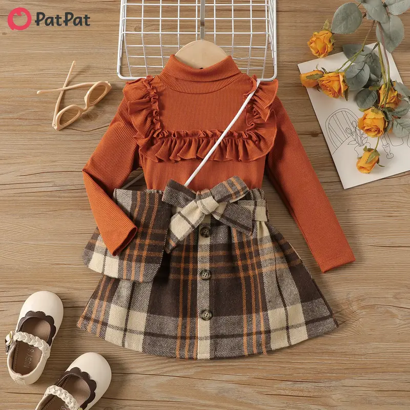 PatPat 3PCS Toddler Girl Grid/Houndstooth Avant-Garde Ruffle Edge Sets