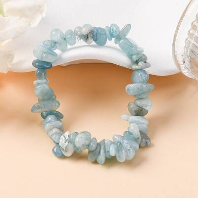 Unisex Chip Natural Aquamarine Beaded Stretch Bracelets