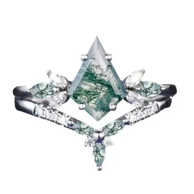 10K White Gold Kite Cut Moss Agate & Moissanite Engagement Ring for Women Free Engraving