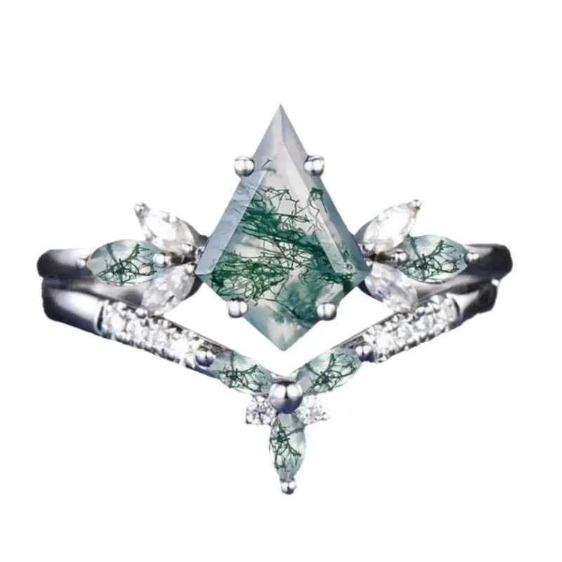 10K White Gold Kite Cut Moss Agate & Moissanite Engagement Ring for Women Free Engraving