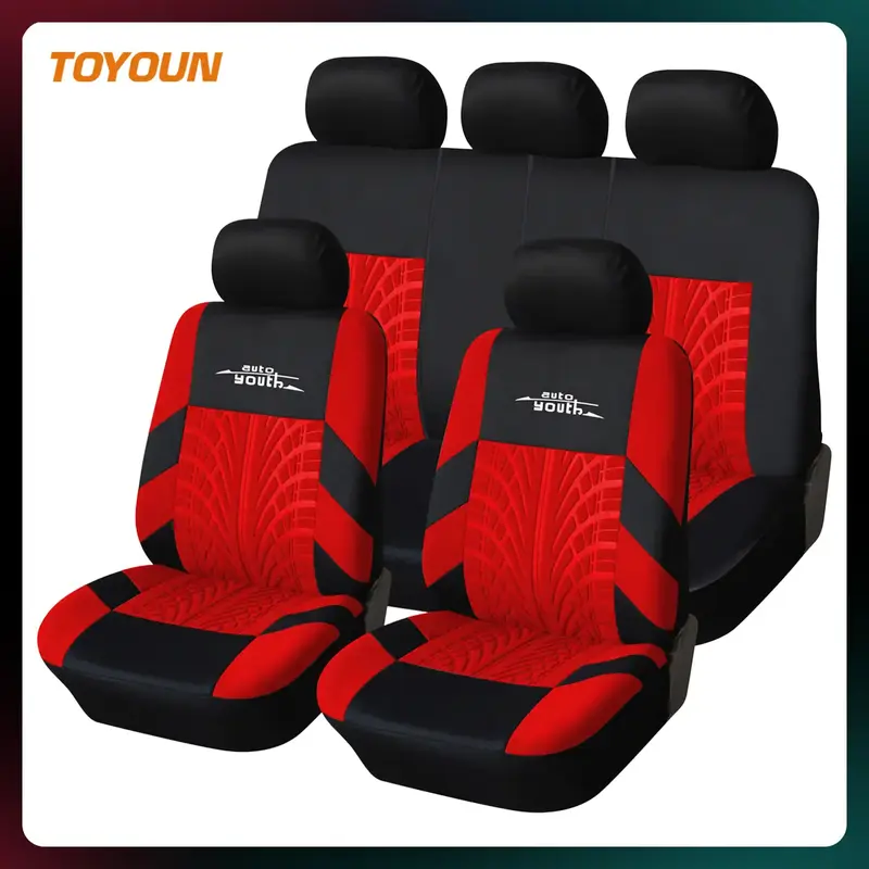 TOYOUN Universal 5 Seater Car Seat Cover Fabric Front & Rear Protector with Tire Track Detail Airbag Compatible Interior Acce...