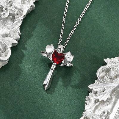 Brass Cubic Zirconia Wing Cross Pendant Necklaces for Women