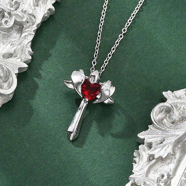 Brass Cubic Zirconia Wing Cross Pendant Necklaces for Women