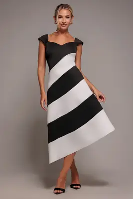 Goddiva Striped Contrast Asymmetric Midi Dress - Black Cream