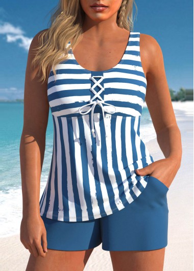 Modlily Lace Up Striped Blue Tankini Set - XXL