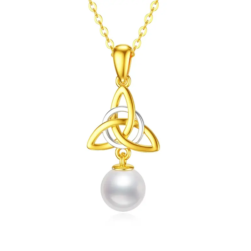14K White Gold Two-Tone Circular Pearl Celtic Knot Pendant Necklace For Women Best Friends