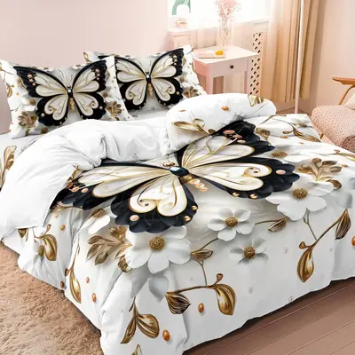 Butterfly & Flower Bow Print Bedding Set, Including 1 Duvet Cover & 2 Pillowcases without Filler, Bedding Supplies for Home B...