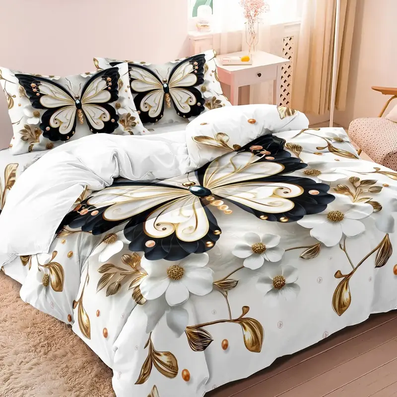 Butterfly & Flower Bow Print Bedding Set, Including 1 Duvet Cover & 2 Pillowcases without Filler, Bedding Supplies for Home B...
