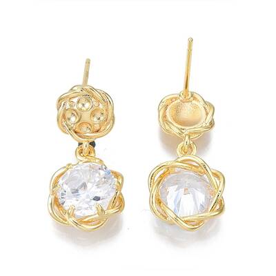Clear Cubic Zirconia Lotus Flower Dangle Stud Earrings