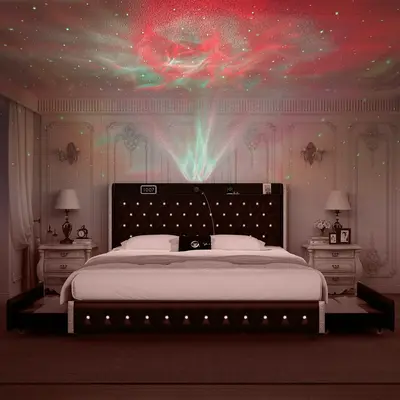 Queen LED Bed Frame Galaxy Projector White Noise Bluetooth Music speaker, , 46“ Tall Headboard with USB Charging , No Bo...