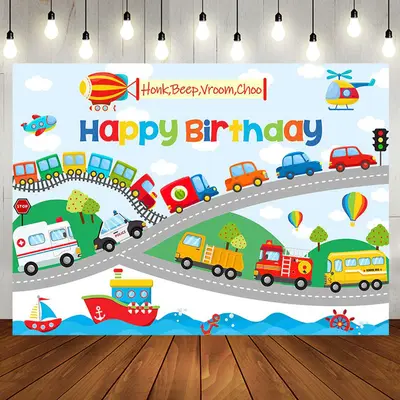 Colorful Cars Shipping Road Happy Birthday Backdrop - Aperturee
