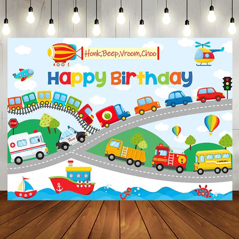 Colorful Cars Shipping Road Happy Birthday Backdrop - Aperturee