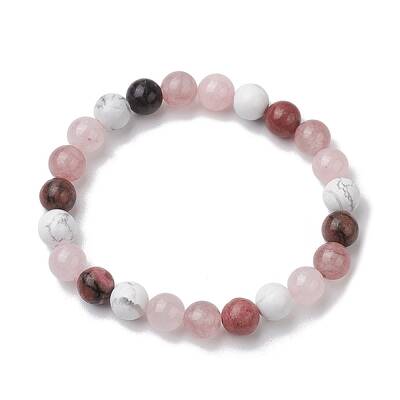 8.5mm Round Natural Rhodonite & Howlite & Strawberry Quartz & Rose Quartz  Bead Stretch Bracelets for Women