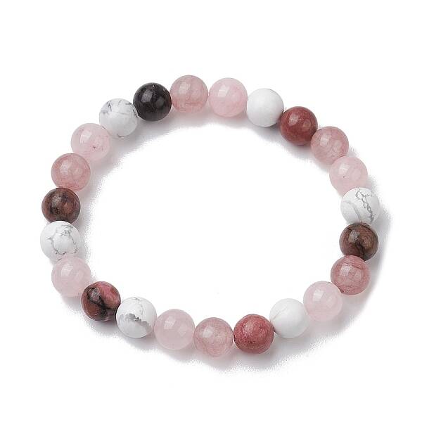 8.5mm Round Natural Rhodonite & Howlite & Strawberry Quartz & Rose Quartz  Bead Stretch Bracelets for Women