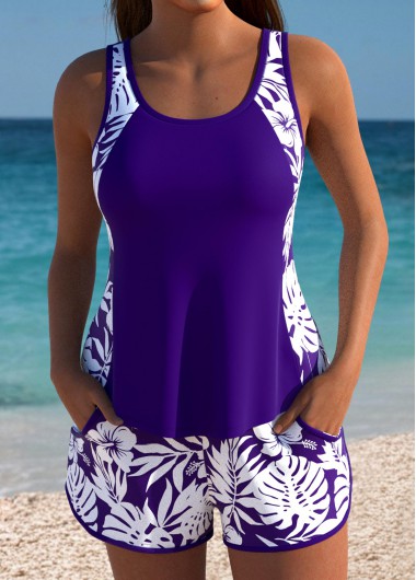 Modlily Mid Waisted Floral Print Dark Purple Tankini Set - L