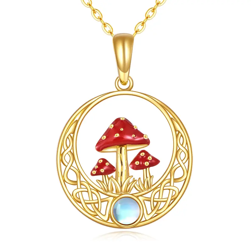 14K Gold Moonstone Mushroom & Celtic Knot Pendant Necklace
