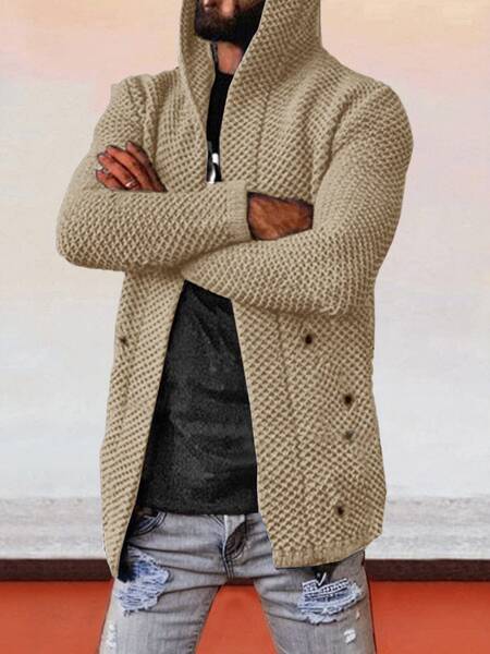 Solid Hooded Holey Sweater Coat, Khaki / S