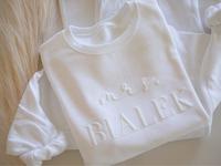 Personalized Mrs Sweatshirt, Custom Wedding Gift, Anniversary Gift for Her, Mrs Neckline Embossed Sweater, Wedding Date Sleev...