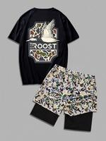 Two-Piece Set Men's Camo Print Short Sleeve Tee & Camo Print Shorts Set, Regular Fit Casual Round Neck T-shirt & Shorts, Men'...