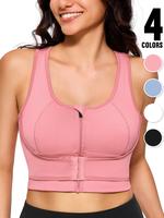 Women's Solid Zip Front Sports Bra, Breathable Comfortable High Stretch Sports Bra, Gym Clothes, Ladies Sportswear for Indoo...