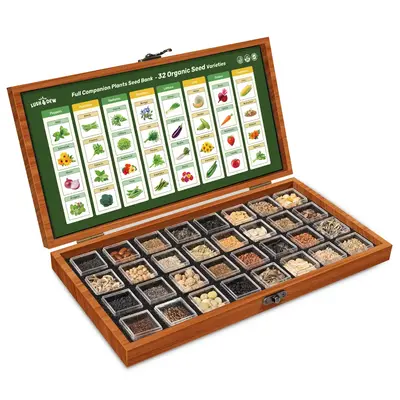 LUSH&DEW Full Companion Plants Seed Bank - 32 Organic Garden Plant Seed Varieties with Vegetables, Herbs, Flowers