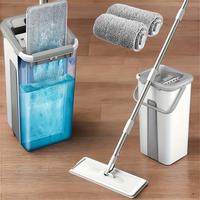 Mop and bucket set with wringer, with 2 reusable microfiber pads with 360° flexible rotation, hands-free flat mop and bucket...