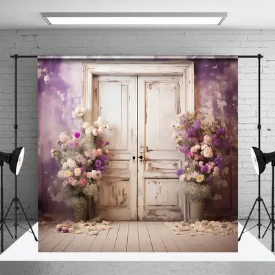 Abstract Purple Wall Wooden Door Floral Backdrop - Aperturee