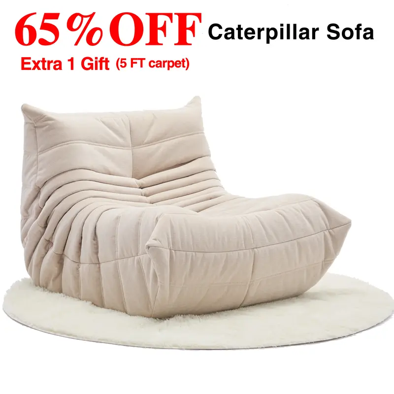 Togo Sofa Caterpillar Bean Bag Chair Chenille Fabric 1 Seater Memory Foam Lounger Upholstered Couch Free 5FT Carpet Modern Co...
