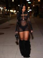 Women's Solid Color Hollow Out Sheer Romper & Crop Top Set, Fashion Casual Sexy Romper & Long Sleeve Top for Daily Outdoor We...