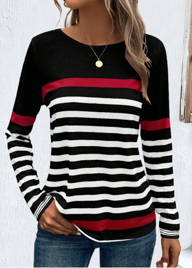 Modlily Plus Size Black Patchwork Striped Long Sleeve T Shirt - 1X