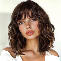 Summer Turn-Up Brown Highlight Wig with Bangs for Women Short Wavy Curly Brown Bob Wigs Medium Length 14 inch Synthetic Hair ...