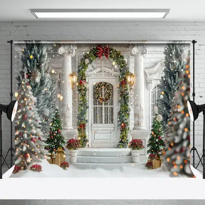 Bokeh White Luxury Door Trees Christmas Backdrop