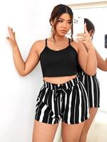 Two-Piece Set Plus Size Solid Crop Cami Top & Striped Print Shorts Pajama, Casual Comfy Top & Shorts PJ Set, Women's Sleepwea...