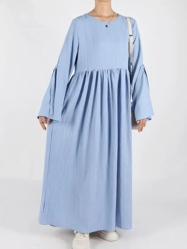 Women's Plain Bow Decor Flounce Sleeve Pocket Smock Dress, Casual Long Sleeve Round Neck Zipper Back Dress for Daily Wear, La...