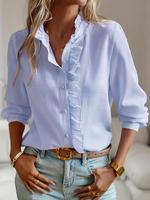 Women's Plain Ruffle Trim Button Front Blouse, Elegant Bishop Sleeve Frill Trim Top for Daily Wear, Ladies Clothes for All Se...