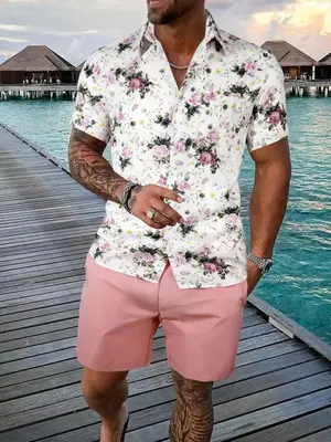 2 Counts Men's Floral Print Button Front Shirt & Drawstring Waist Shorts Set, Boho Casual Top & Shorts, 2 Pieces Outfits for ...