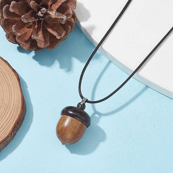 Acorn Shape Wood Locket Pendant Necklace with Wax Cords