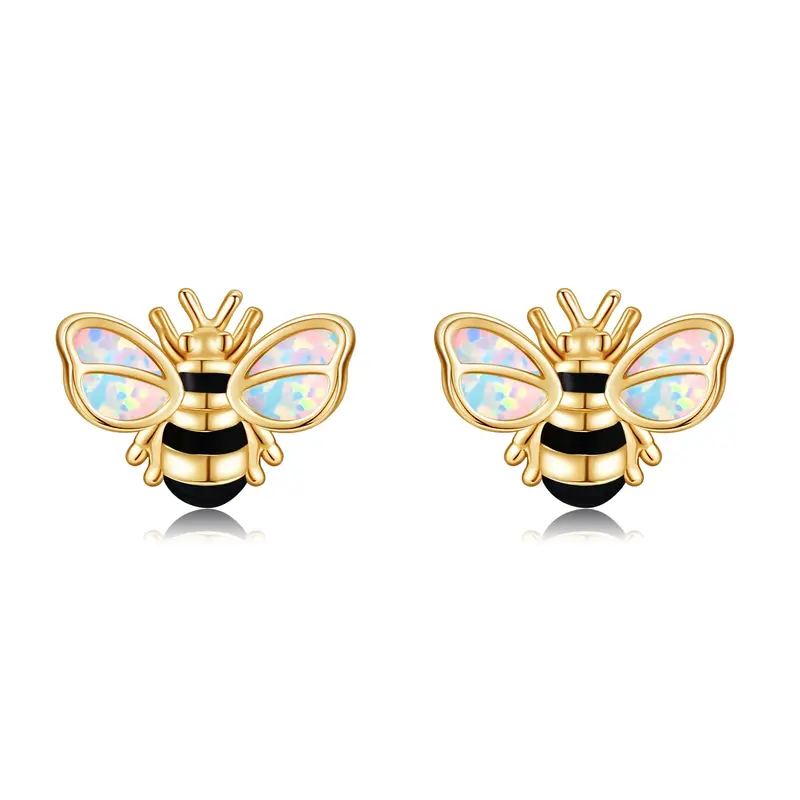 14K Gold Opal Bee Stud Earrings