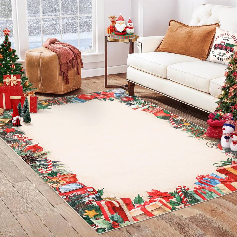Garvee Christmas Area Rug 4x6 Non-Slip, Washable, Low Pile, Non-Shedding, Festive Red Print, Kid & Pet Friendly, Living Room ...