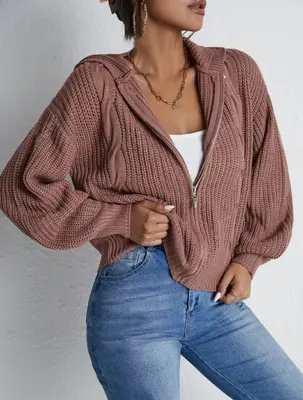 Textured Drop Shoulder Zip Up Hooded Cardigan, Casual Long Sleeve Cardigan Sweater, 2024 Women's Autumn & Winter Clothes for ...