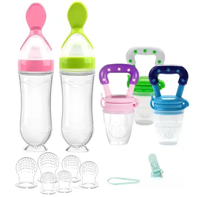 Food Feeder Baby Fruit Feeder Pacifier (3 Pcs) with 6 Different Sized Silicone Pacifiers 2 PCS Silicone Baby Food Dispensing ...