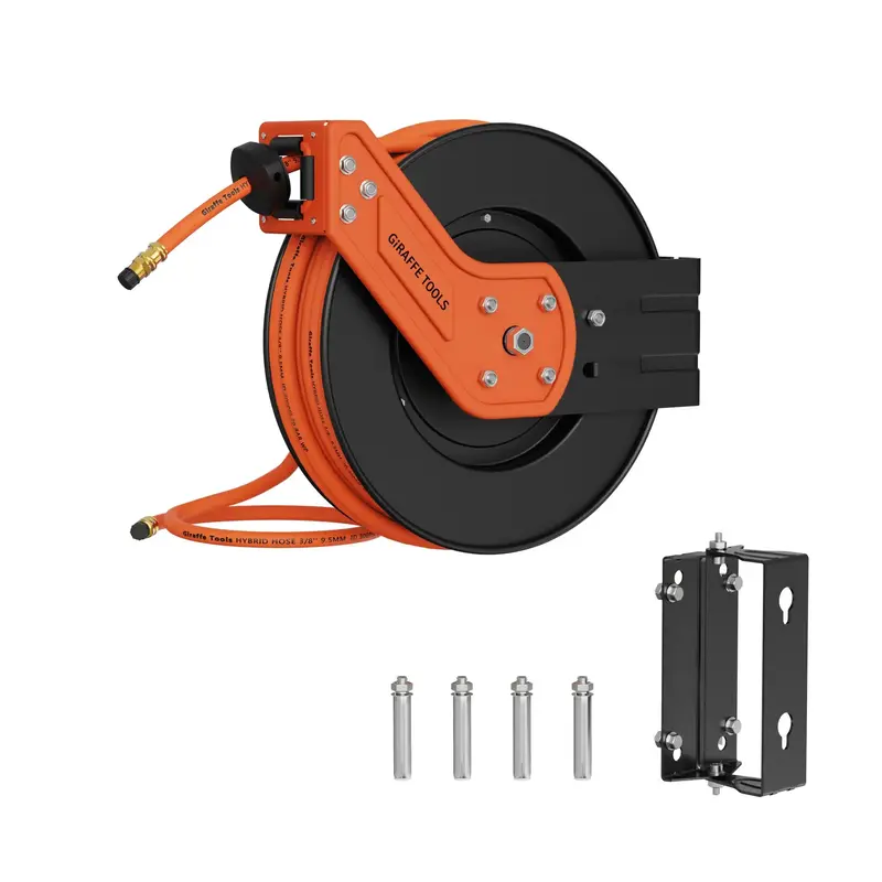 Giraffe Tools Retractable Air Hose Reel-Alloy Steel Reel-3/8IN x50 FT Hybrid Air Hose Max 300 PSI,Wall Mount Heavy Duty Doubl...