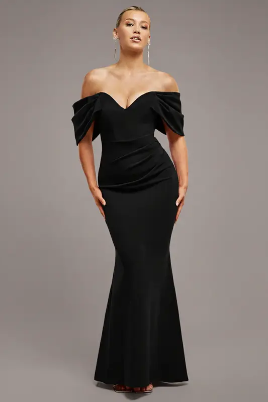 Goddiva Off The Shoulder Draped Sleeve Maxi Dress - Black